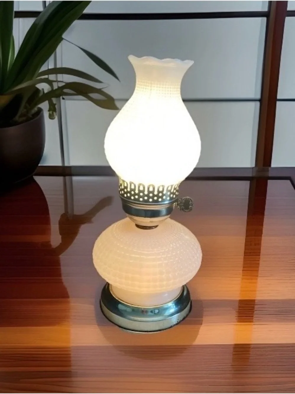 Vintage CORN ROW base & Chimney/Hobnail 3 way milk glass lamp  NICE